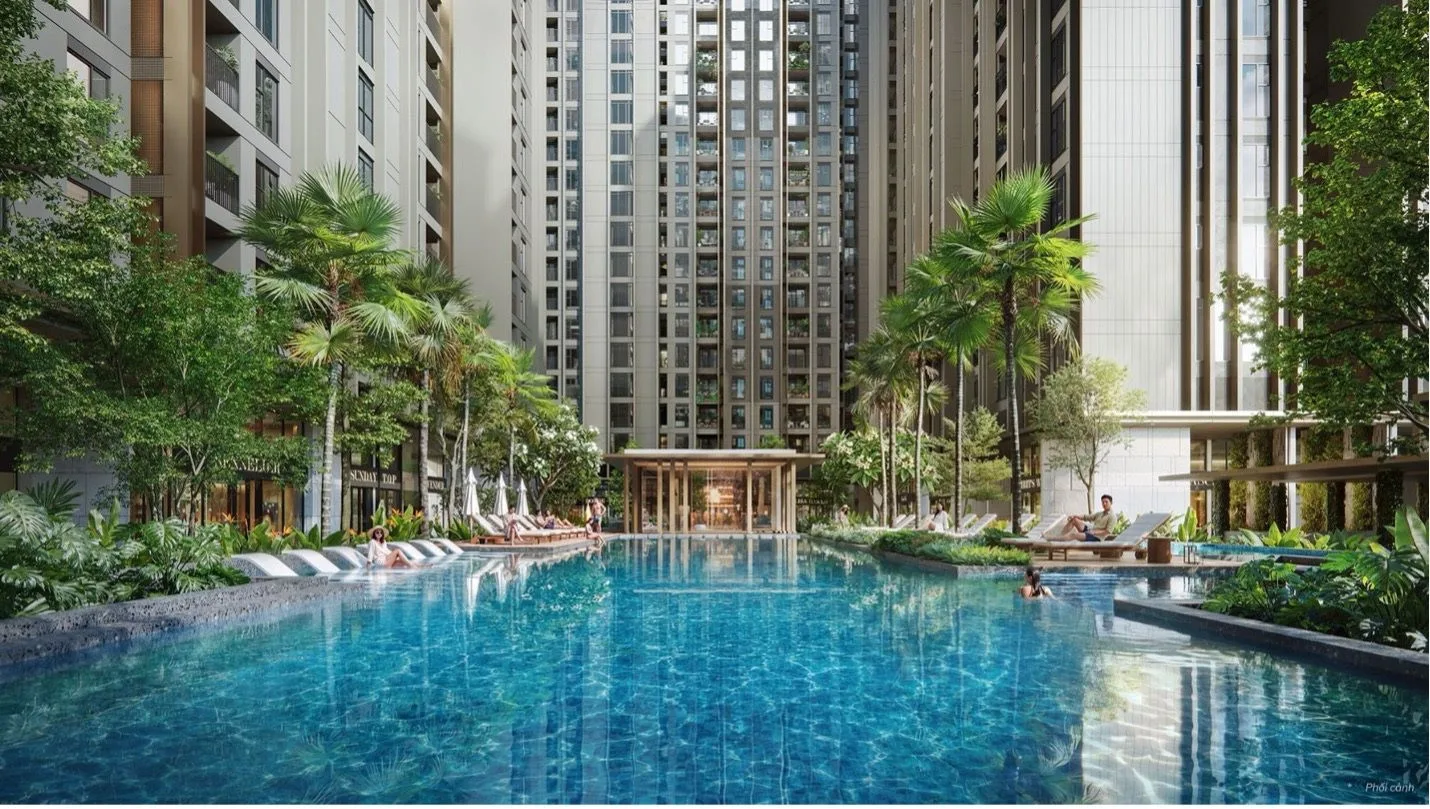 Phối cảnh khu hồ bơi và cảnh quan cây xanh trong dự án căn hộ Imperia Sensa Park
