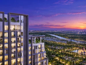 Phối cảnh tòa căn hộ The CityOn Ocean Park 3 nhìn ra sông và mảng xanh lúc hoàng hôn